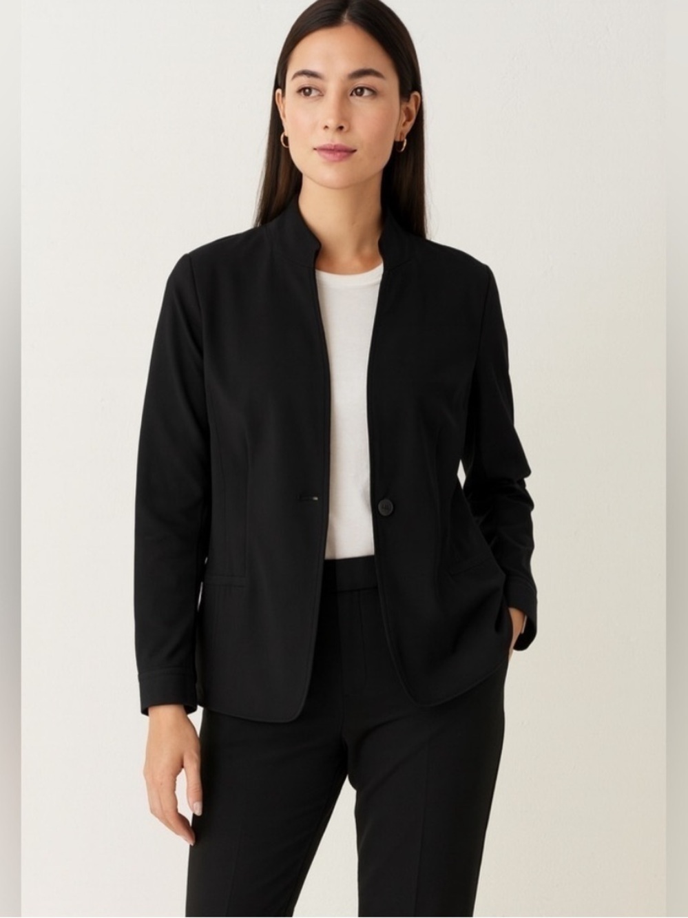Eileen Fisher Black Viscose Blazer Jacket Size Medium Neutral Office Stretch